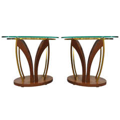 Pair Mid Century Danish Modern Walnut Brass & Glass Side Tables - Kagan Style 10
