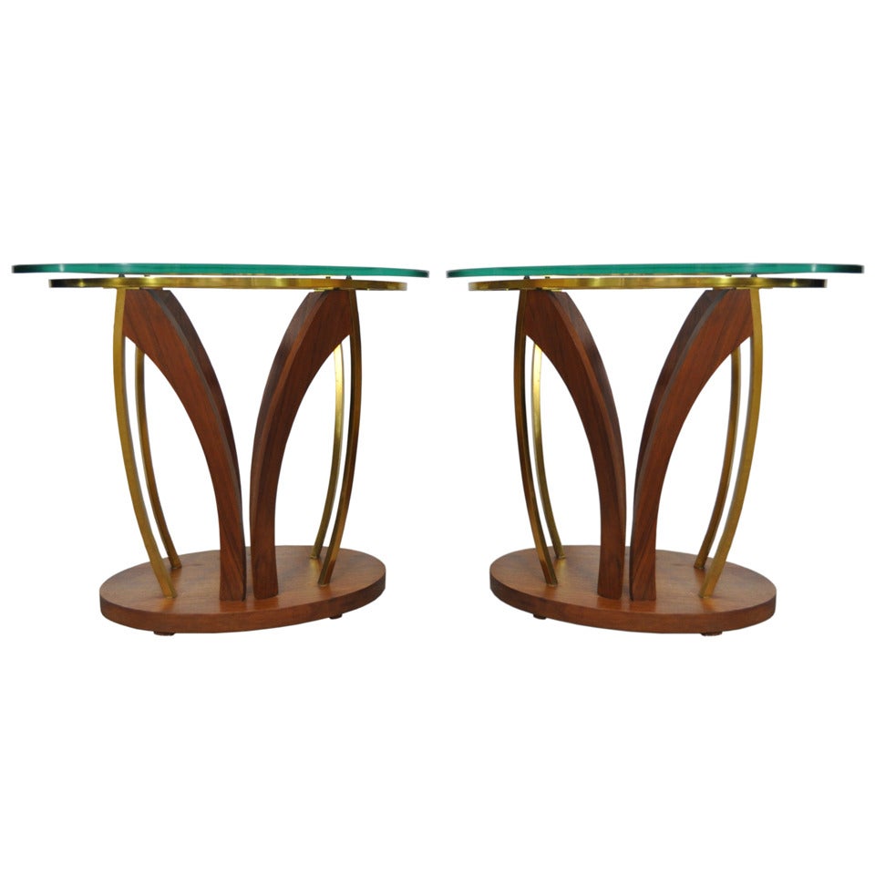 Pair Mid Century Danish Modern Walnut Brass & Glass Side Tables - Kagan Style
