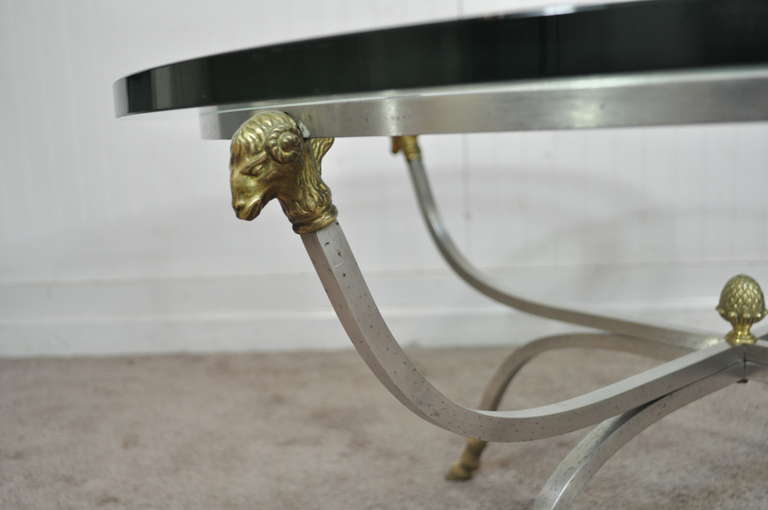 Neoclassical Italian Maison Jansen Style Brass & Steel Rams Head Hoof Foot Coffee Table