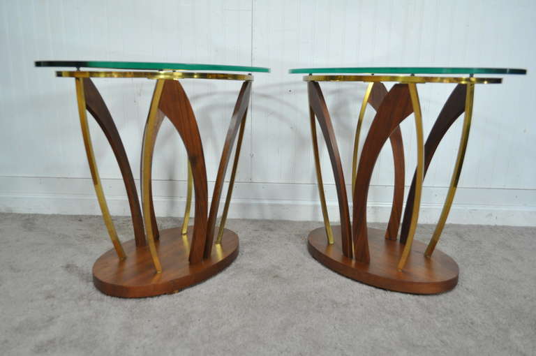 Pair Mid Century Danish Modern Walnut Brass & Glass Side Tables - Kagan Style 4
