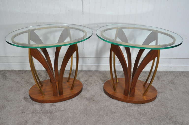 Pair of Vintage Mid Century Danish Modern Glass Top Walnut & Brass Side Tables in the Vladimir Kagan Style. The tables feature a very nice sculptural, openwork design, lovely wood grain, and thick .5