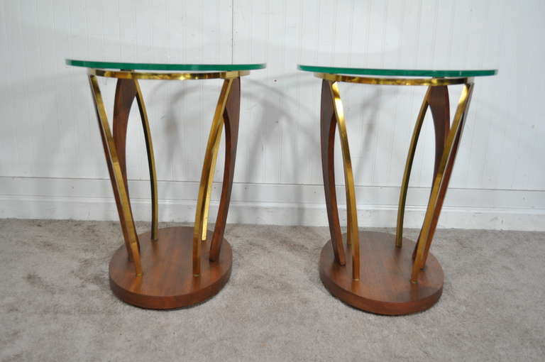 Unknown Pair Mid Century Danish Modern Walnut Brass & Glass Side Tables - Kagan Style