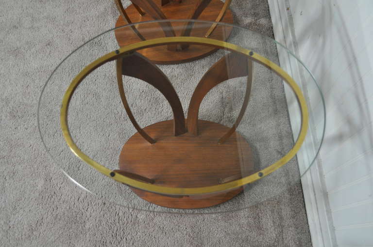 Pair Mid Century Danish Modern Walnut Brass & Glass Side Tables - Kagan Style In Good Condition In Philadelphia, PA