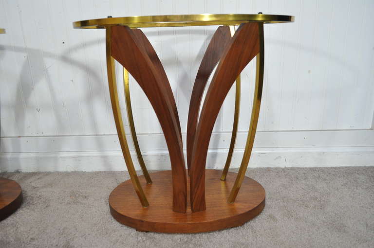 Mid-Century Modern Pair Mid Century Danish Modern Walnut Brass & Glass Side Tables - Kagan Style