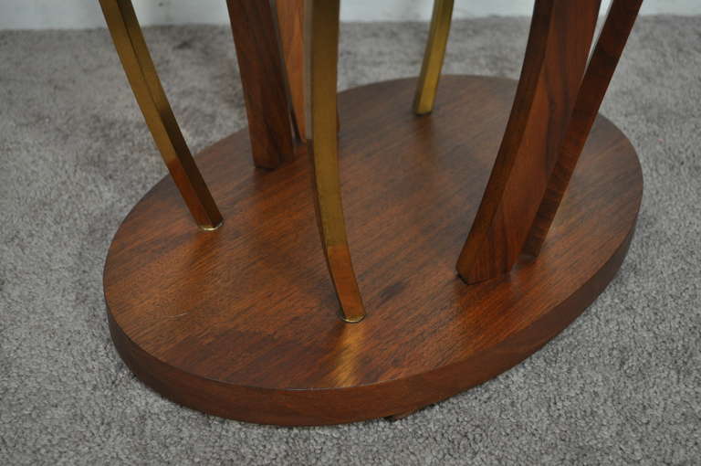 20th Century Pair Mid Century Danish Modern Walnut Brass & Glass Side Tables - Kagan Style