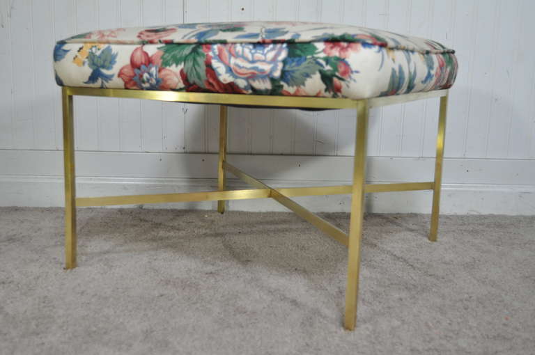 Vintage Mid Century Modern Brass Vanity Bench/Stool by Paul McCobb for Directional. The piece features a very simple, straight lined construction, with a nice x-form stretcher support.