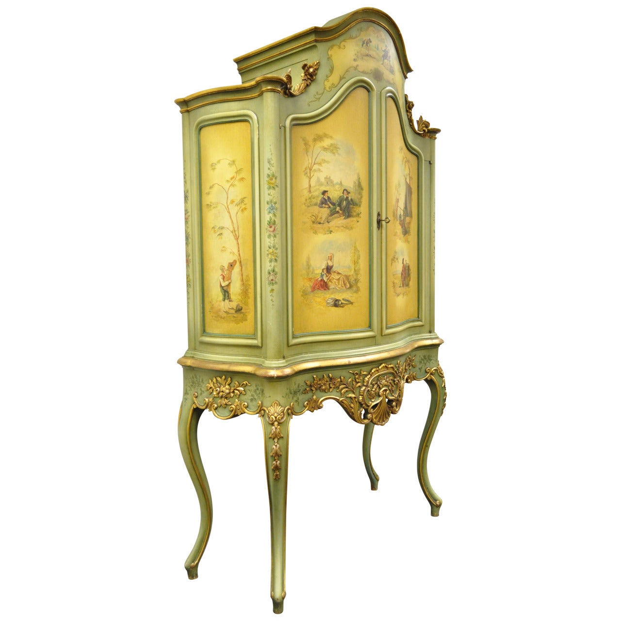 Antique French Louis XV Italian Rococo Style Hand Painted Green Cupboard Cabinet For Sale