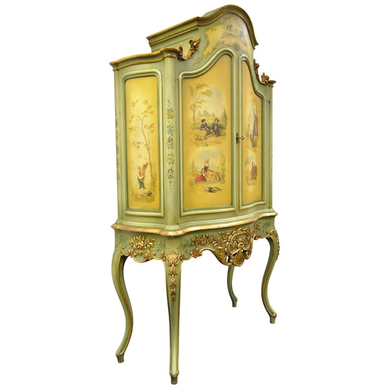 Antique French Louis XV Italian Rococo Style Hand Painted Green Cupboard Cabinet For Sale