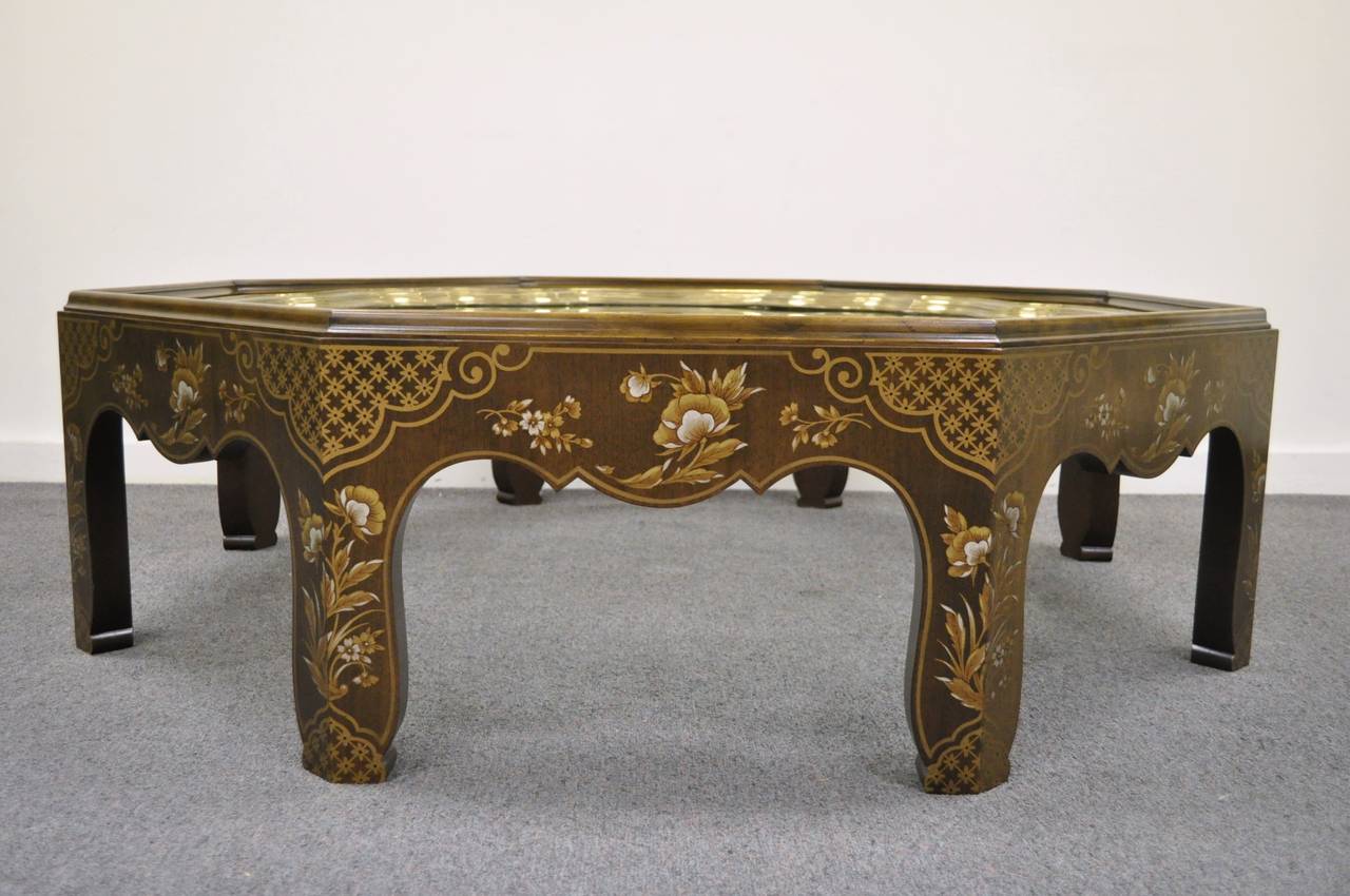 American Octagonal Baker Furniture Co. Chinoiserie Painted Brass Tray Coffee Table