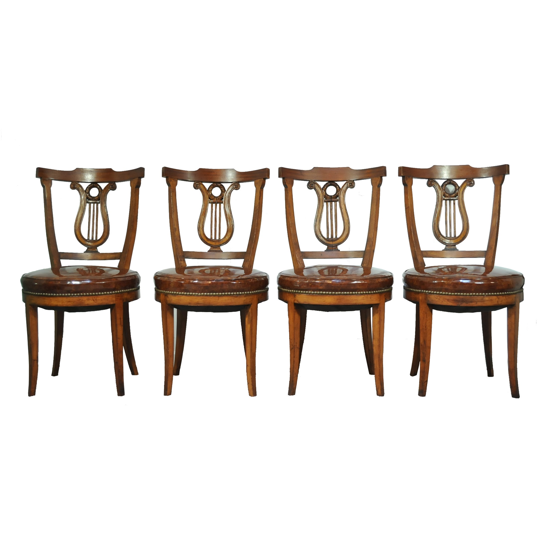 Set of Four Carved Harp Lyre Back Regency Neoclassical Style Dining Side Chairs