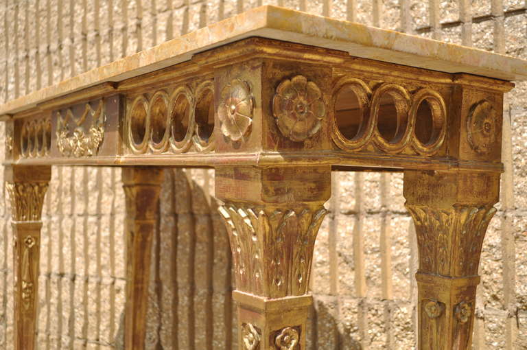 Italian Hand Carved Gold Gilt Wood French Neoclassical Style Marble Top Console In Good Condition In Philadelphia, PA