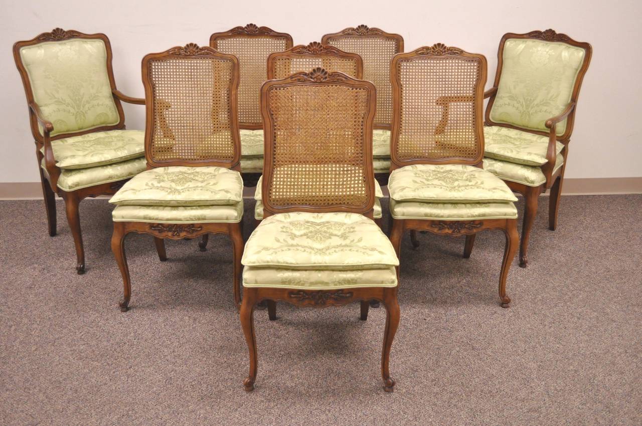 Set of Eight French Country Louis XV Style Cane & Walnut Dining Chairs by Kindel 4