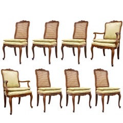 Set of Eight French Country Louis XV Style Cane & Walnut Dining Chairs by Kindel