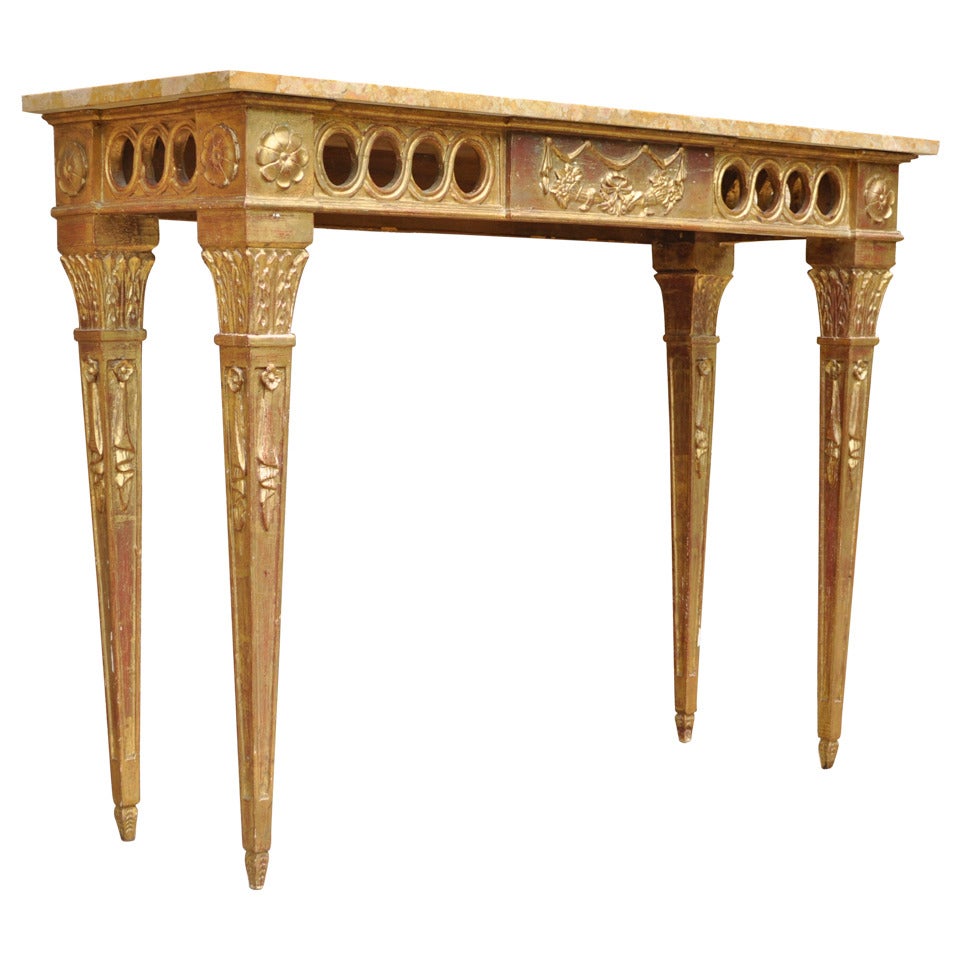 Italian Hand Carved Gold Gilt Wood French Neoclassical Style Marble Top Console
