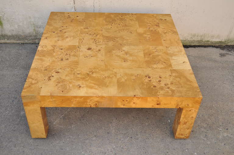 Vintage Mid Century Modern Burl Wood Patchwork Coffee Table in the Parsons Style attributed to Milo Baughman for Thayer Coggin. Item features clean modernist lines and the most attractive burl wood frame. Heavy solid construction.