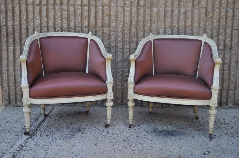 Pair of French Louis XVI Style Petite Cream Painted Chairs Bergere Armchairs