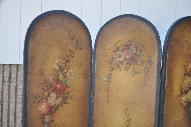 C. 1920 Hand Painted Floral Oil on Canvas 3 Panel French Dressing Screen 1