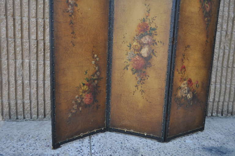 Revival C. 1920 Hand Painted Floral Oil on Canvas 3 Panel French Dressing Screen