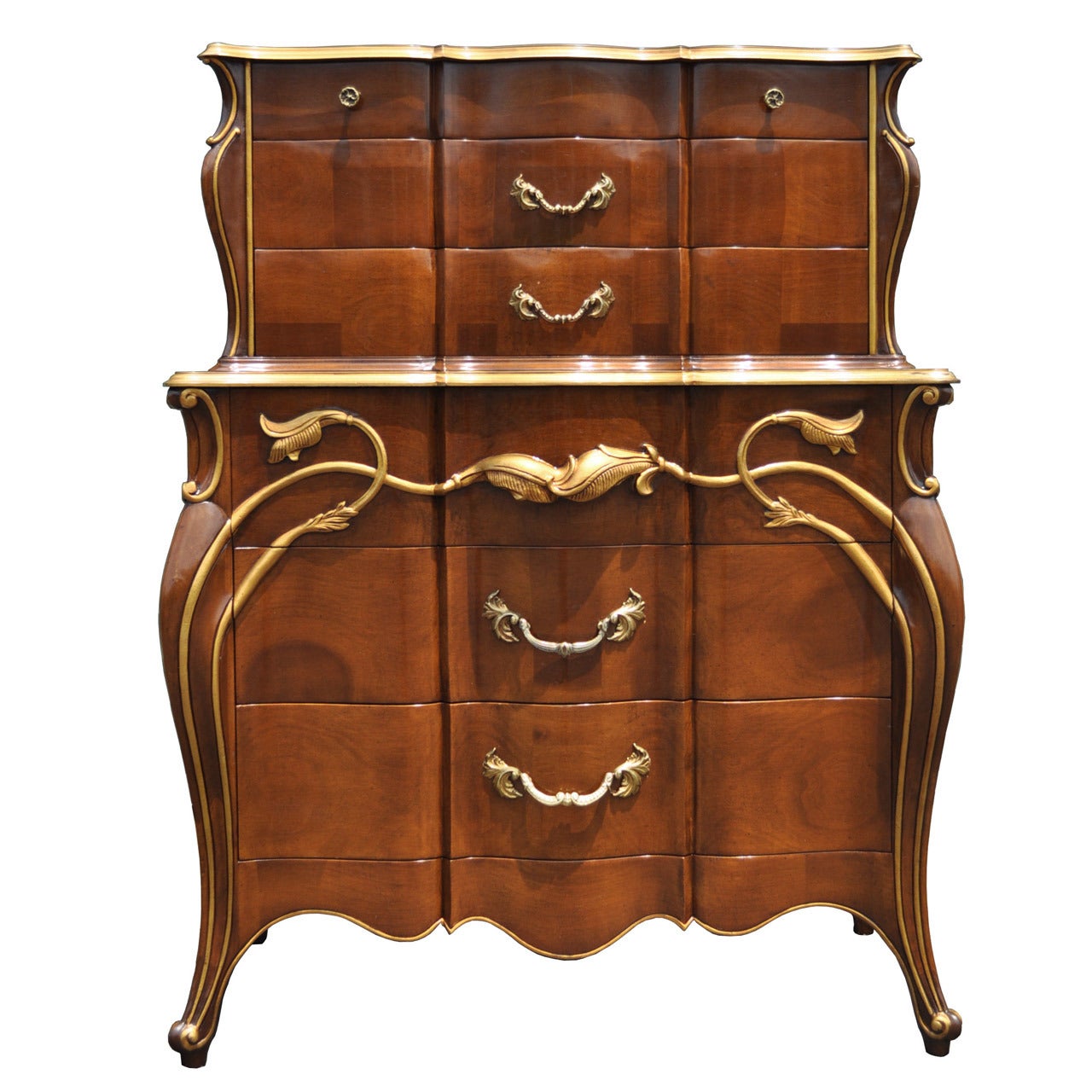 Vintage Art Nouveau Style Solid Cherry Tall Chest or Dresser, Hollywood Regency