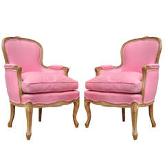 Pair of Pink Down French Louis XV Style Bergere Armchairs Hollywood Regency