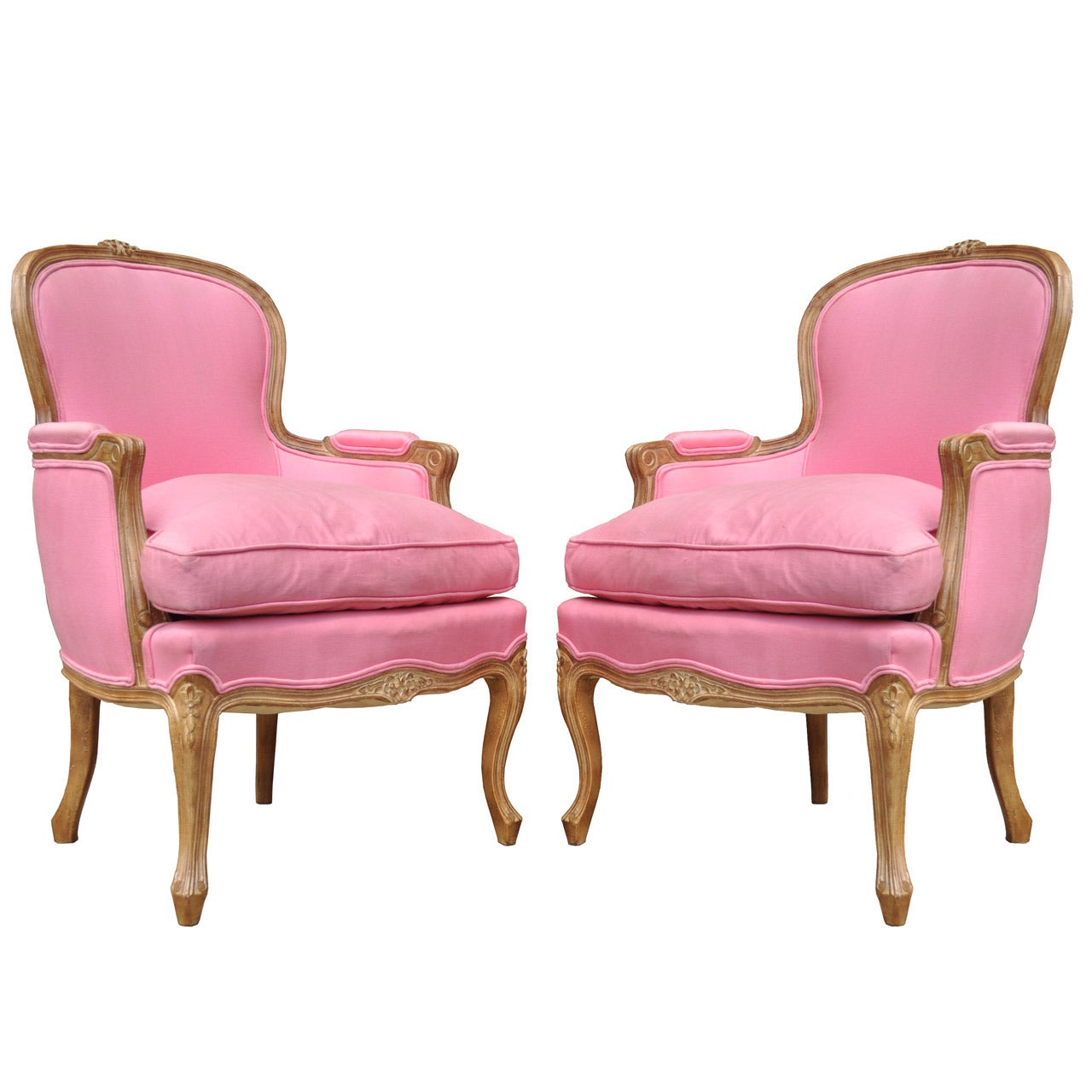 Pair of Pink Down French Louis XV Style Bergere Armchairs Hollywood Regency