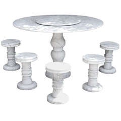 Carved Marble Neoclassical Style Outdoor Garden Set - Table and 5 Stools