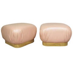 Pair Karl Springer Large Brass and Pink Leather Souffle Poufs - Ottomans