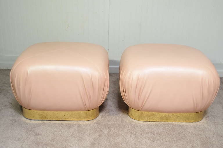 Pair Karl Springer Large Brass and Pink Leather Souffle Poufs - Ottomans