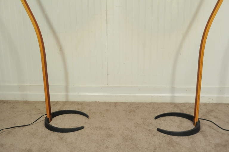 Pair of Danish Modern Bentwood Teak Floor Lamps by Caprani - Iron Horseshoe Base In Excellent Condition In Philadelphia, PA