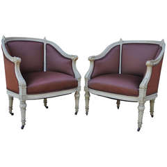 Pair of French Louis XVI Style Petite Cream Painted Chairs Bergere Armchairs