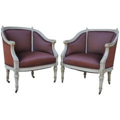 Antique Pair of French Louis XVI Style Petite Cream Painted Chairs Bergere Armchairs