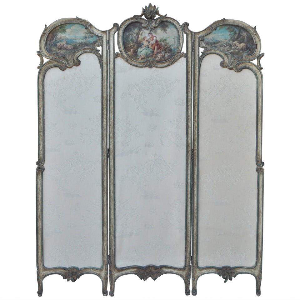 19th C. French Louis XV Style Hand Painted & Carved Petite Small Dressing Screen For Sale