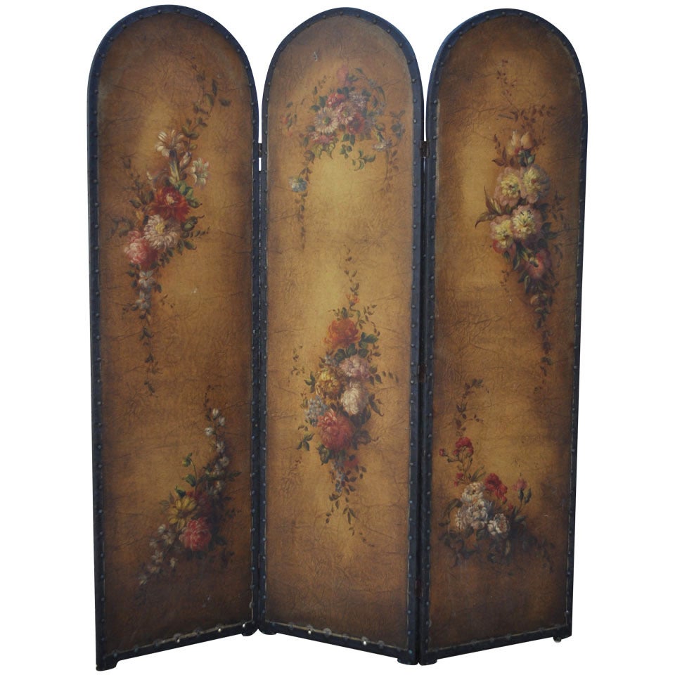 C. 1920 Hand Painted Floral Oil on Canvas 3 Panel French Dressing Screen