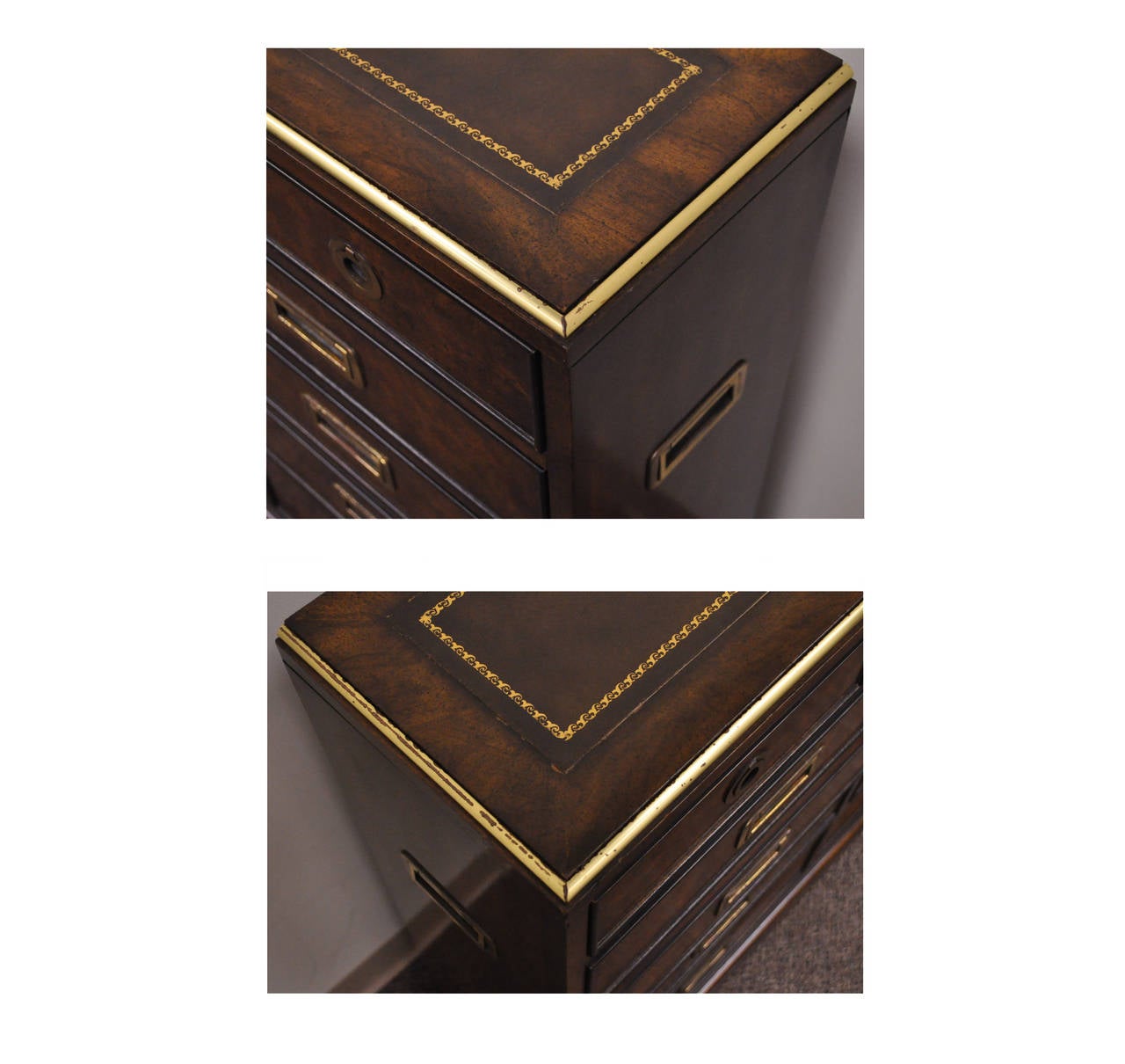 Leather Top Campaign Style Entry Chest with Brass pulls by Drexel Heritage In Good Condition In Philadelphia, PA