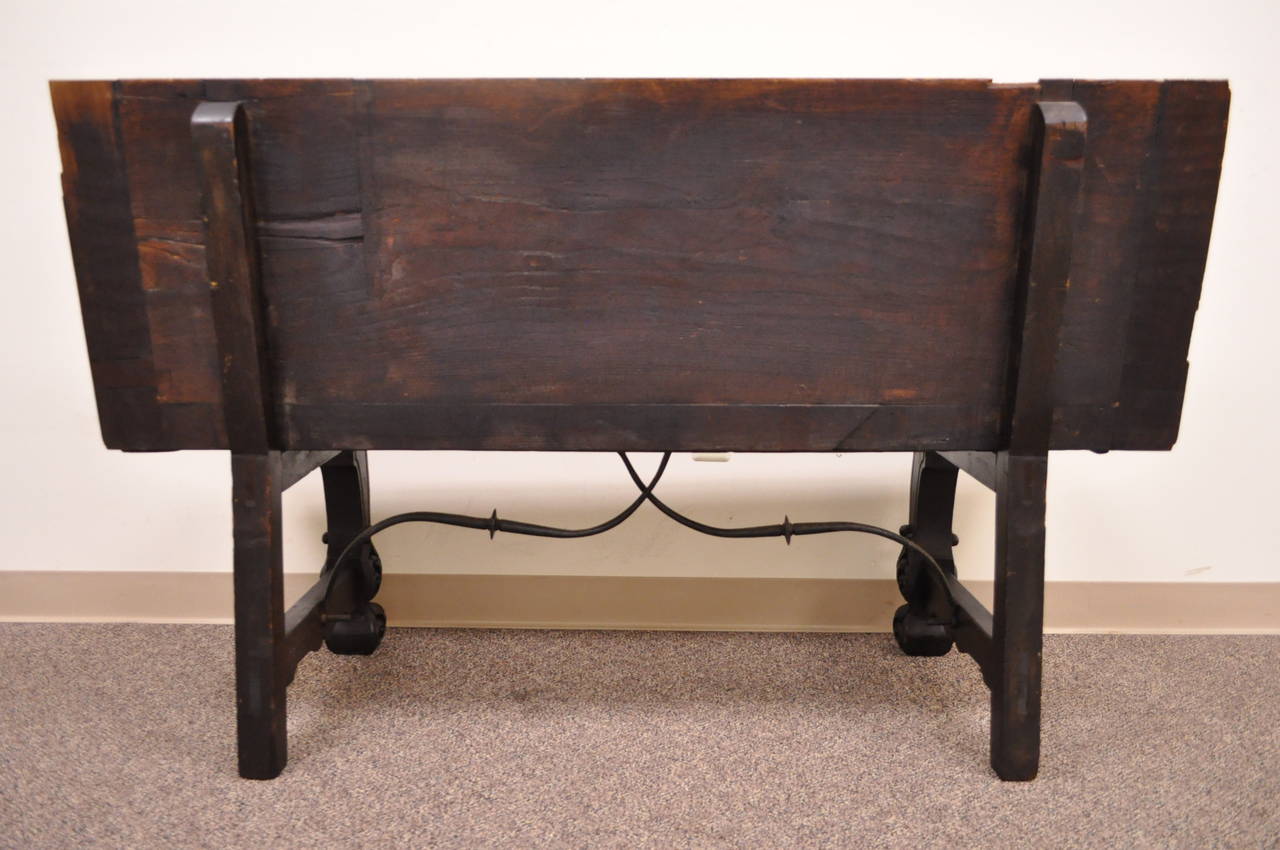17th Century English Renaissance Carved Oak and Wrought Iron Bench Banquette 2
