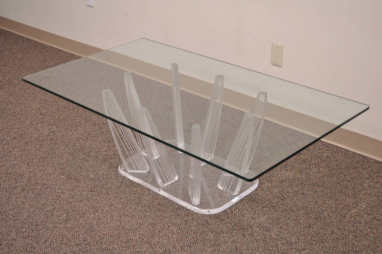 Unique vintage Lucite and glass coffee table with sculpted and etched lucite 