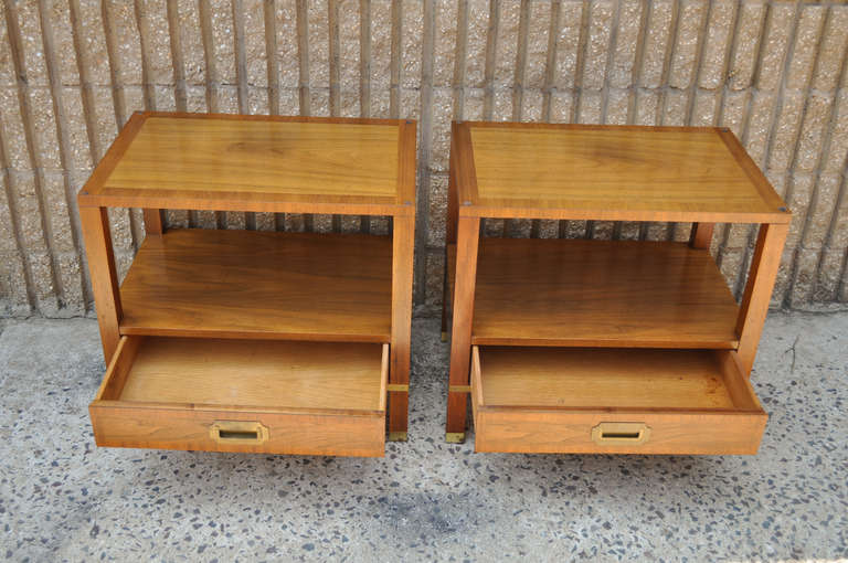 Pair of Baker Milling Road Banded Campaign Chest Style Nightstands - End Tables In Good Condition In Philadelphia, PA