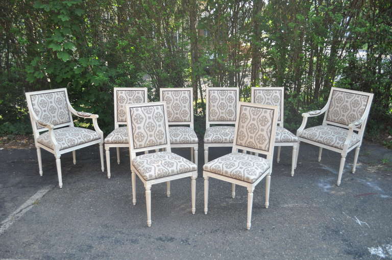 Set of Eight 20th Century French Louis XVI Style Cream Distress-Painted Dining Chairs 4