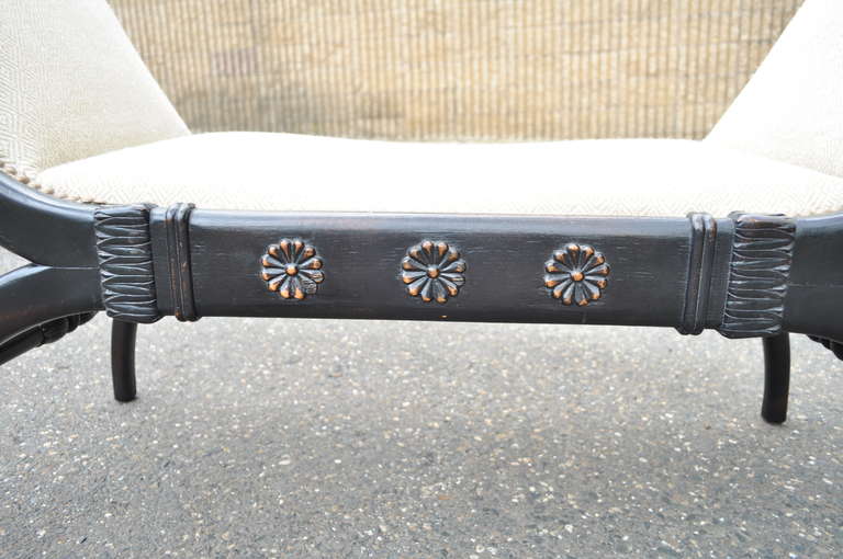 Neoclassical Vintage French Empire Style Hand-Carved Curule Upholstered X Frame Black Bench For Sale