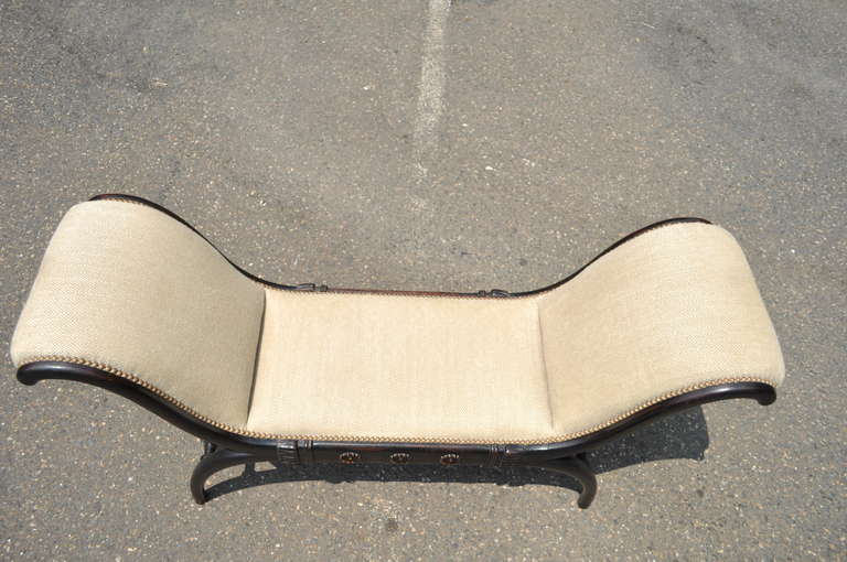 Vintage French Empire Style Hand-Carved Curule Upholstered X Frame Black Bench For Sale 3