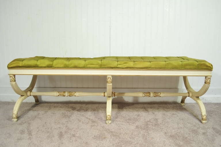 Classy Vintage Carved Wood Triple X Form / Curule Window Bench with Original Cream and Gold Gilt Painted Finish in the Manner of Maison Jansen.