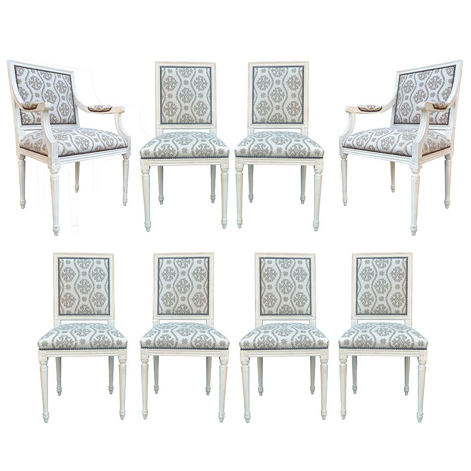Set of Eight 20th Century French Louis XVI Style Cream Distress-Painted Dining Chairs