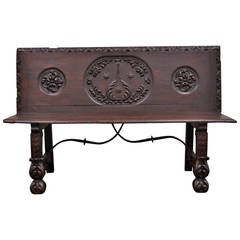 17th Century English Renaissance Carved Oak and Wrought Iron Bench Seat 8