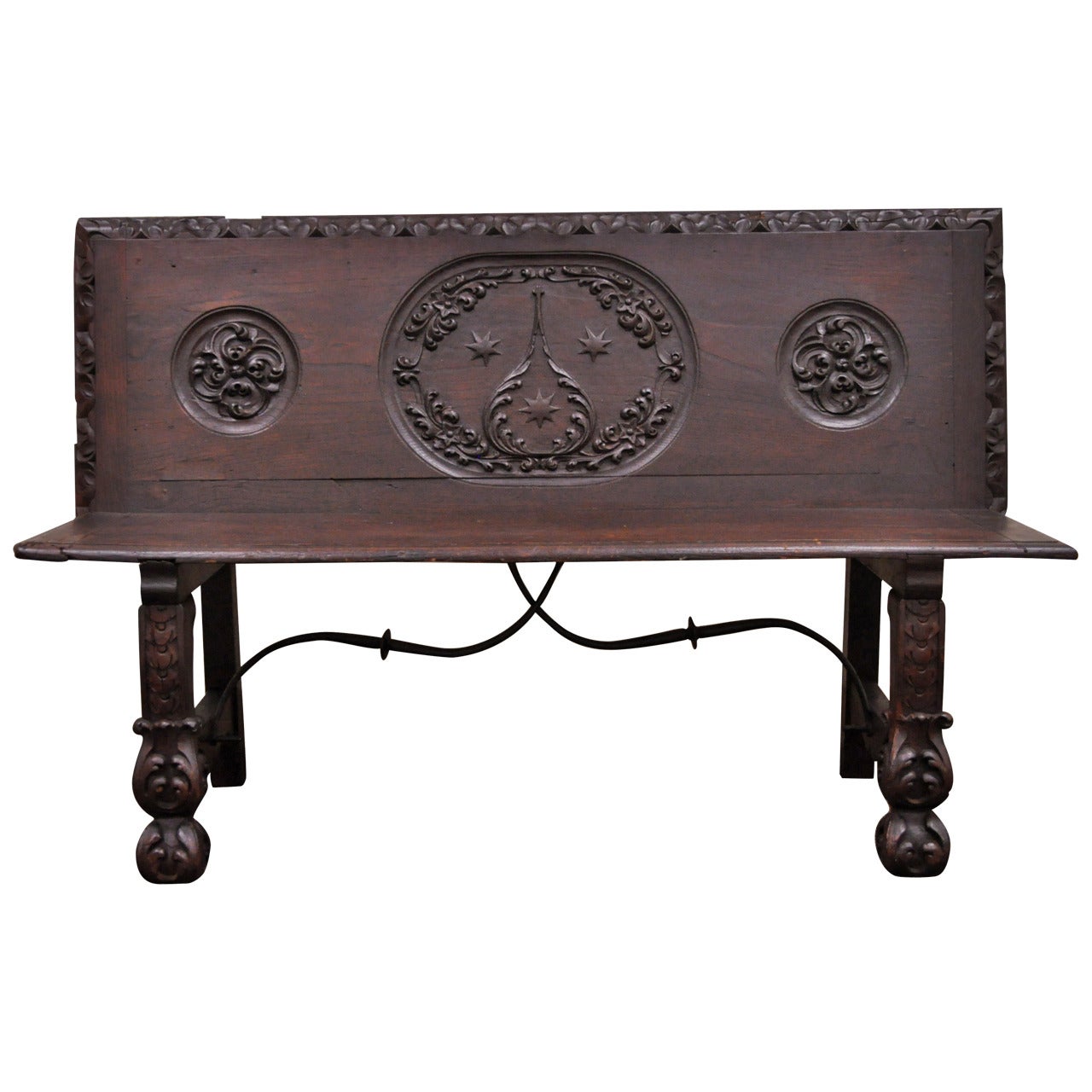 17th Century English Renaissance Carved Oak and Wrought Iron Bench Banquette For Sale