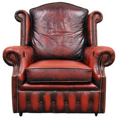 Vintage Rolled Arm Tufted Red Leather English Chesterfield Club Office Lounge Arm Chair