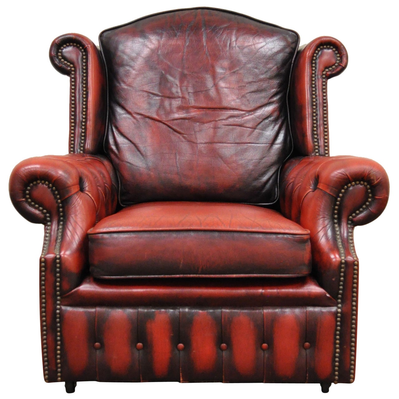 Rolled Arm Tufted Red Leather English Chesterfield Club Office Lounge Arm Chair For Sale