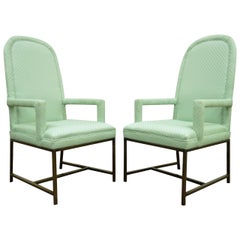 Pair Modern Upholstered Arm Chairs Brushed Brass Metal Base Milo Baughman Style