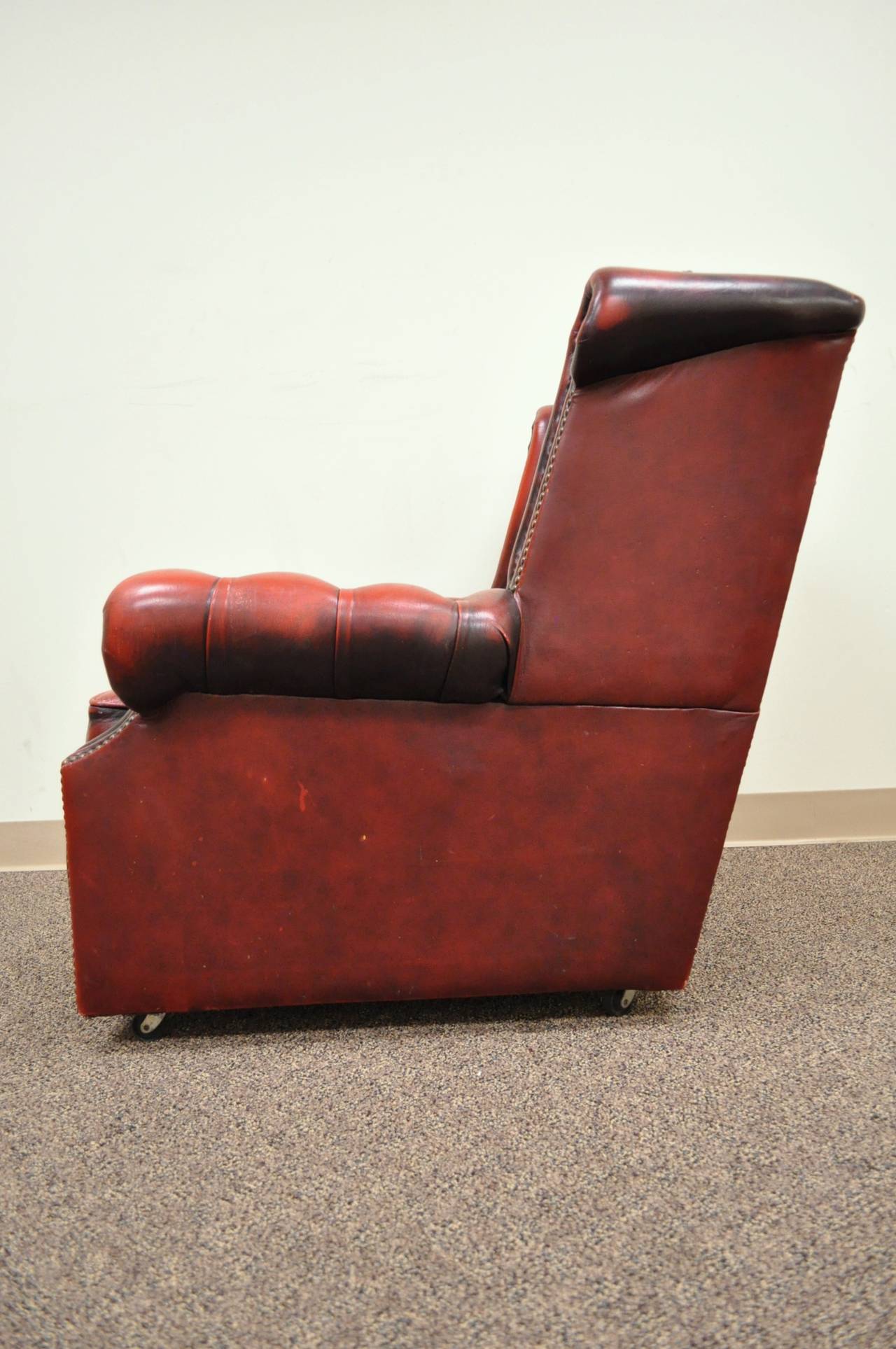 Rolled Arm Tufted Red Leather English Chesterfield Club Office Lounge Arm Chair In Good Condition For Sale In Philadelphia, PA