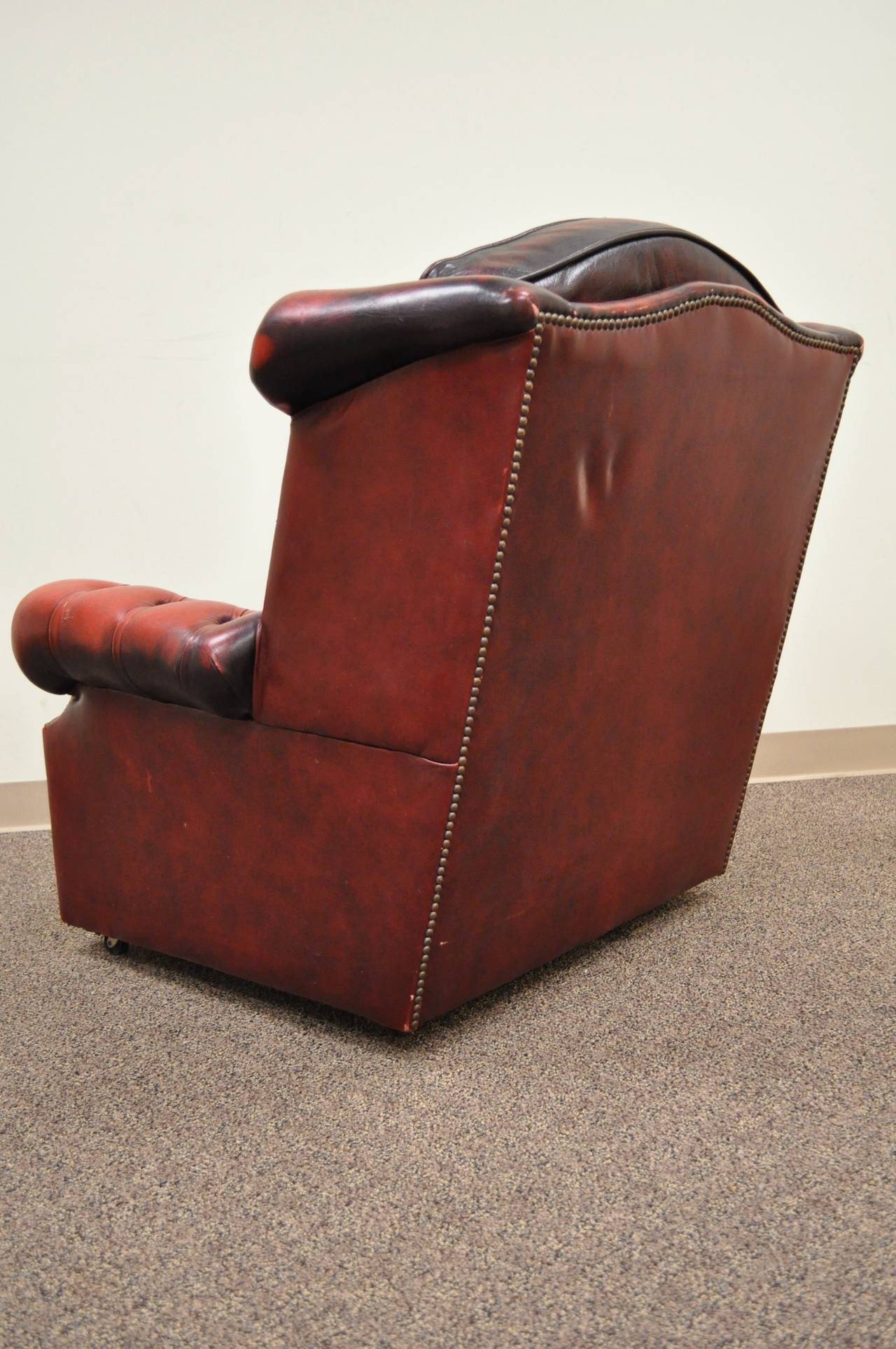 Mid-20th Century Rolled Arm Tufted Red Leather English Chesterfield Club Office Lounge Arm Chair For Sale