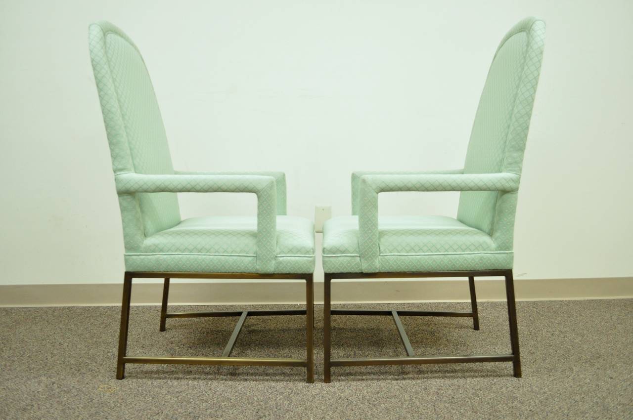 Late 20th Century Pair Modern Upholstered Arm Chairs Brushed Brass Metal Base Milo Baughman Style